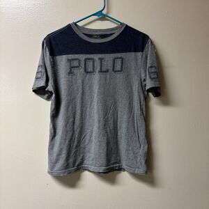 Polo Ralph Lauren Varsity 67 Spellout Shirt Boys Large Blue Gray Short Sleeve